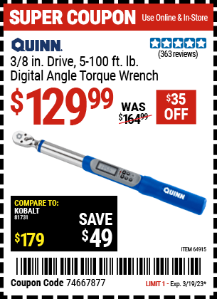 Buy the QUINN 3/8 in. Drive Digital Torque Wrench, valid through 3/19/23.