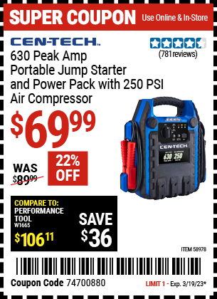 Buy the CEN-TECH 630 Peak Amp Portable Jump Starter and Power Pack with 250 PSI Air Compressor, valid through 3/19/23.