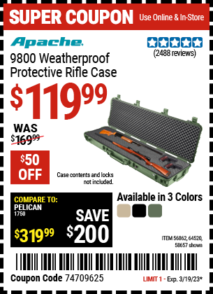 Buy the APACHE 9800 Weatherproof Protective Rifle Case, valid through 3/19/23.