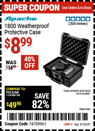Buy the APACHE 1800 Weatherproof Protective Case, valid through 3/19/23.