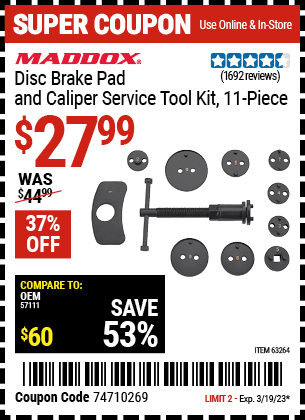 Buy the MADDOX Disc Brake Pad and Caliper Service Tool Kit 11 Pc., valid through 3/19/23.