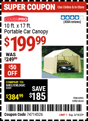 Buy the COVERPRO 10 Ft. X 17 Ft. Portable Garage, valid through 3/19/23.