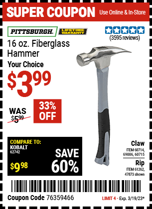 Buy the PITTSBURGH 16 oz. Fiberglass Rip Hammer, valid through 3/19/23.