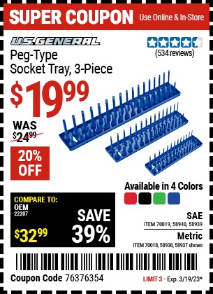 Buy the U.S. GENERAL Peg-Type Metric Socket Tray, valid through 3/19/23.