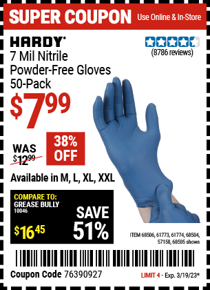 Buy the HARDY 7 Mil Nitrile Powder-Free Gloves, 50 Pc. XX-Large, valid through 3/19/23.