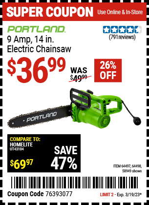 Buy the PORTLAND 9 Amp 14 in. Electric Chainsaw, valid through 3/19/23.