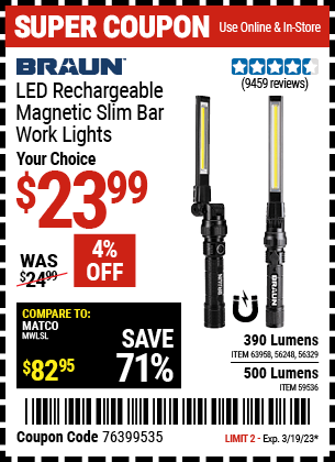 Buy the BRAUN 390 Lumen Magnetic Slim Bar Folding LED Work Light, valid through 3/19/23.