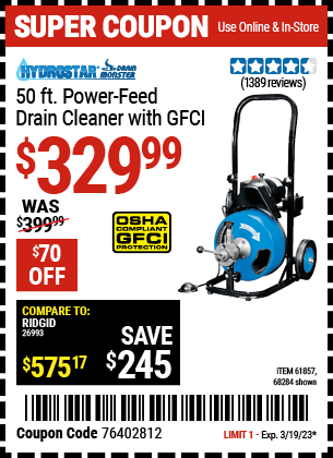 Buy the PACIFIC HYDROSTAR 50 Ft. Commercial Power-Feed Drain Cleaner with GFCI, valid through 3/19/23.