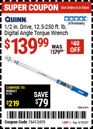 Buy the QUINN 1/2 in. Drive Digital Torque Wrench, valid through 3/19/23.