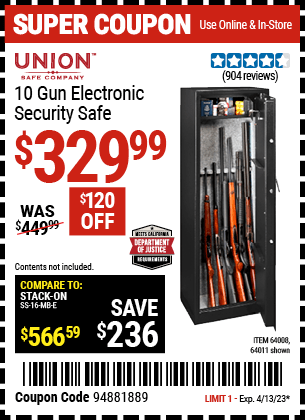 Buy the UNION SAFE COMPANY 10 Gun Electronic Security Safe (Item 64011/64008) for $329.99, valid through 4/13/2023.