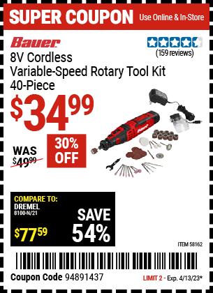 Buy the BAUER 8V Cordless Variable Speed Rotary Tool Kit (Item 58162) for $34.99, valid through 4/13/2023.