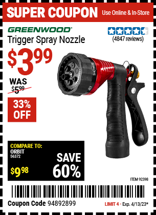 Buy the GREENWOOD Trigger Spray Nozzle (Item 92398) for $3.99, valid through 4/13/2023.