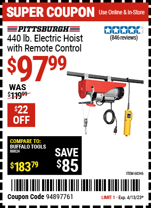 Buy the PITTSBURGH AUTOMOTIVE 440 lb. Electric Hoist with Remote Control (Item 60346) for $97.99, valid through 4/13/2023.