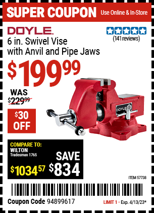 Buy the DOYLE 6 in. Swivel Vise with Anvil and Pipe Jaws (Item 57738) for $199.99, valid through 4/13/2023.