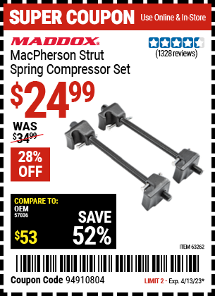 Buy the MADDOX MacPherson Strut Spring Compressor Set (Item 63262) for $24.99, valid through 4/13/2023.