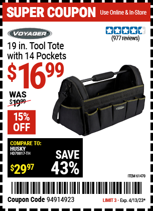 Buy the VOYAGER 19 in. Tool Tote with 14 Pockets (Item 61470) for $16.99, valid through 4/13/2023.
