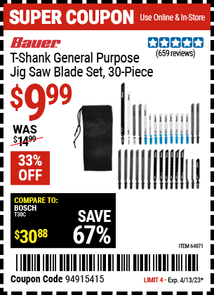 Buy the BAUER T-shank General Purpose Jigsaw Blade Assortment 30 Pk. (Item 64071) for $9.99, valid through 4/13/2023.