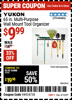 Buy the YUKON 65 in. Multi-Purpose Wall Mount Tool Organizer (Item 58516) for $9.99, valid through 4/13/2023.