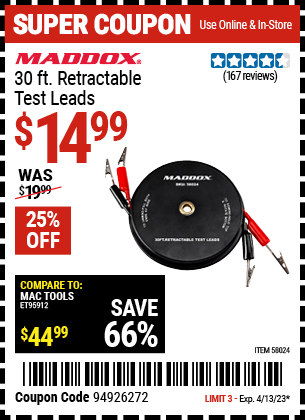 Buy the MADDOX 30 Ft. Retractable Test Leads (Item 58024) for $14.99, valid through 4/13/2023.