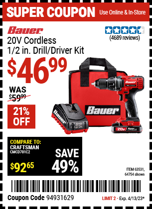 Buy the BAUER 20V Lithium 1/2 In. Drill/Driver Kit (Item 63531/63531) for $46.99, valid through 4/13/2023.