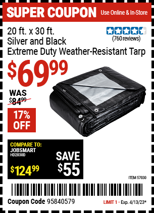Buy the HFT 20 Ft. X 30 Ft. Silver & Black Extreme Duty Weather Resistant Tarp, valid through 4/13/23.