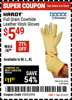 Buy the HARDY Full Grain Leather Work Gloves Large, valid through 4/13/23.