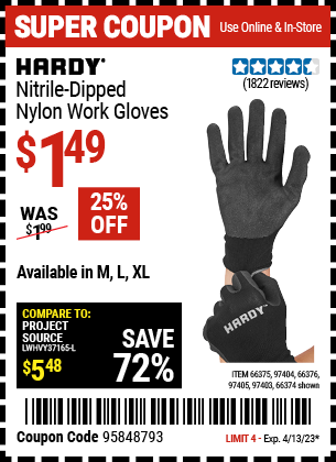 Buy the HARDY Polyurethane Coated Nylon Work Gloves Large, valid through 4/13/23.