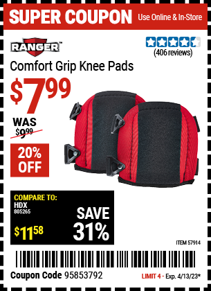 Buy the RANGER Comfort Grip Knee Pads, valid through 4/13/23.