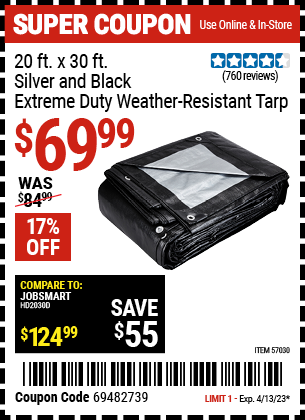 Buy the HFT 20 Ft. X 30 Ft. Silver & Black Extreme Duty Weather Resistant Tarp, valid through 4/13/23.