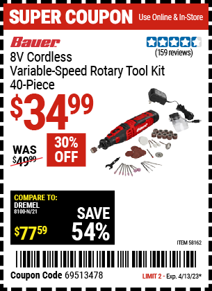 Buy the BAUER 8V Cordless Variable Speed Rotary Tool Kit, valid through 4/13/23.