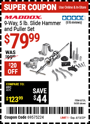 Buy the MADDOX 9 Way 5 lb. Slide Hammer Puller Set, valid through 4/13/23.