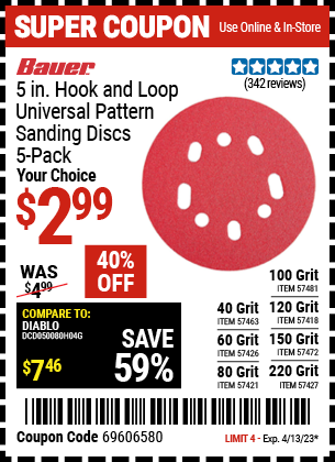 Buy the BAUER 5 in. 120 Grit Hook and Loop Universal Pattern Sanding Discs, 5 Pk., valid through 4/13/23.