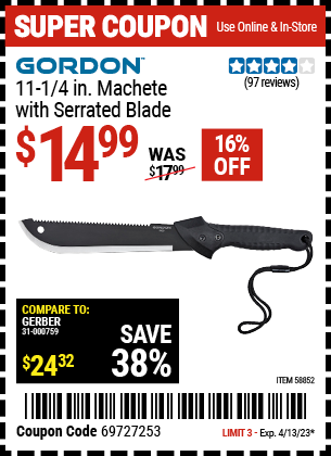 Buy the GORDON 11-1/4 in. Machete with Serrated Blade, valid through 4/13/23.