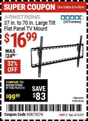 Buy the ARMSTRONG Large Tilt Flat Panel TV Mount, valid through 4/13/23.