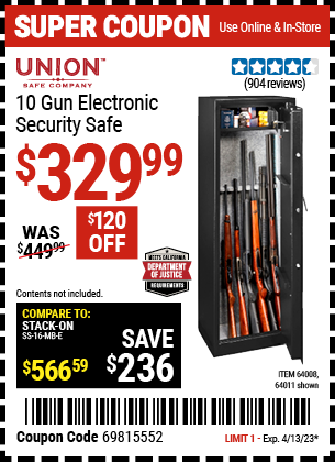 Buy the UNION SAFE COMPANY 10 Gun Electronic Security Safe, valid through 4/13/23.