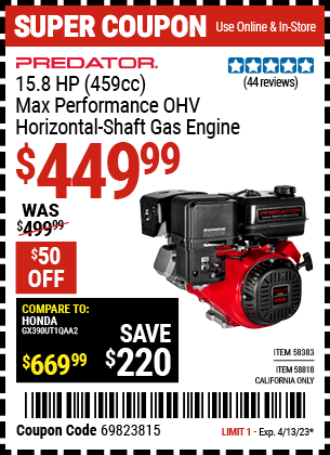 Buy the PREDATOR 15.8 HP (459cc) OHV Horizontal Shaft Gas Engine, valid through 4/13/23.
