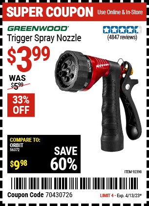 Buy the GREENWOOD Trigger Spray Nozzle, valid through 4/13/23.