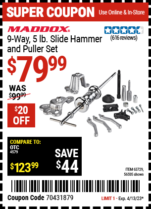 Buy the MADDOX 9 Way 5 lb. Slide Hammer Puller Set, valid through 4/13/23.