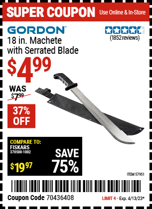 Buy the GORDON 18 in. Machete with Serrated Blade, valid through 4/13/23.