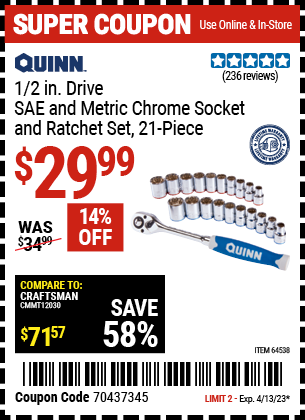Buy the QUINN 1/2 in. Drive SAE & Metric Chrome Socket and Ratchet Set 21 Pc., valid through 4/13/23.