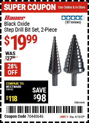 Buy the BAUER Black Oxide Step Drill Drill Bit Set 2 Pc., valid through 4/13/23.