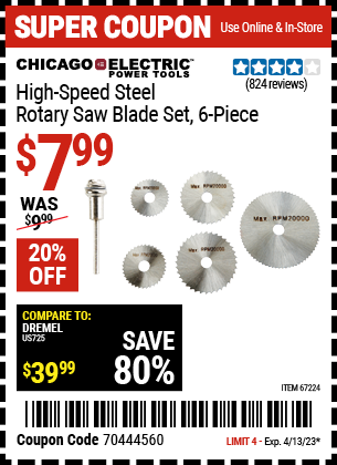 Buy the CHICAGO ELECTRIC High Speed Steel Rotary Saw Blade Set 6 Pc., valid through 4/13/23.