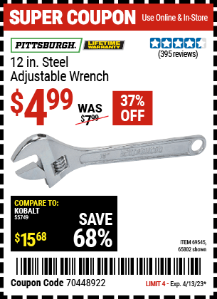 Buy the PITTSBURGH 12 in. Steel Adjustable Wrench, valid through 4/13/23.