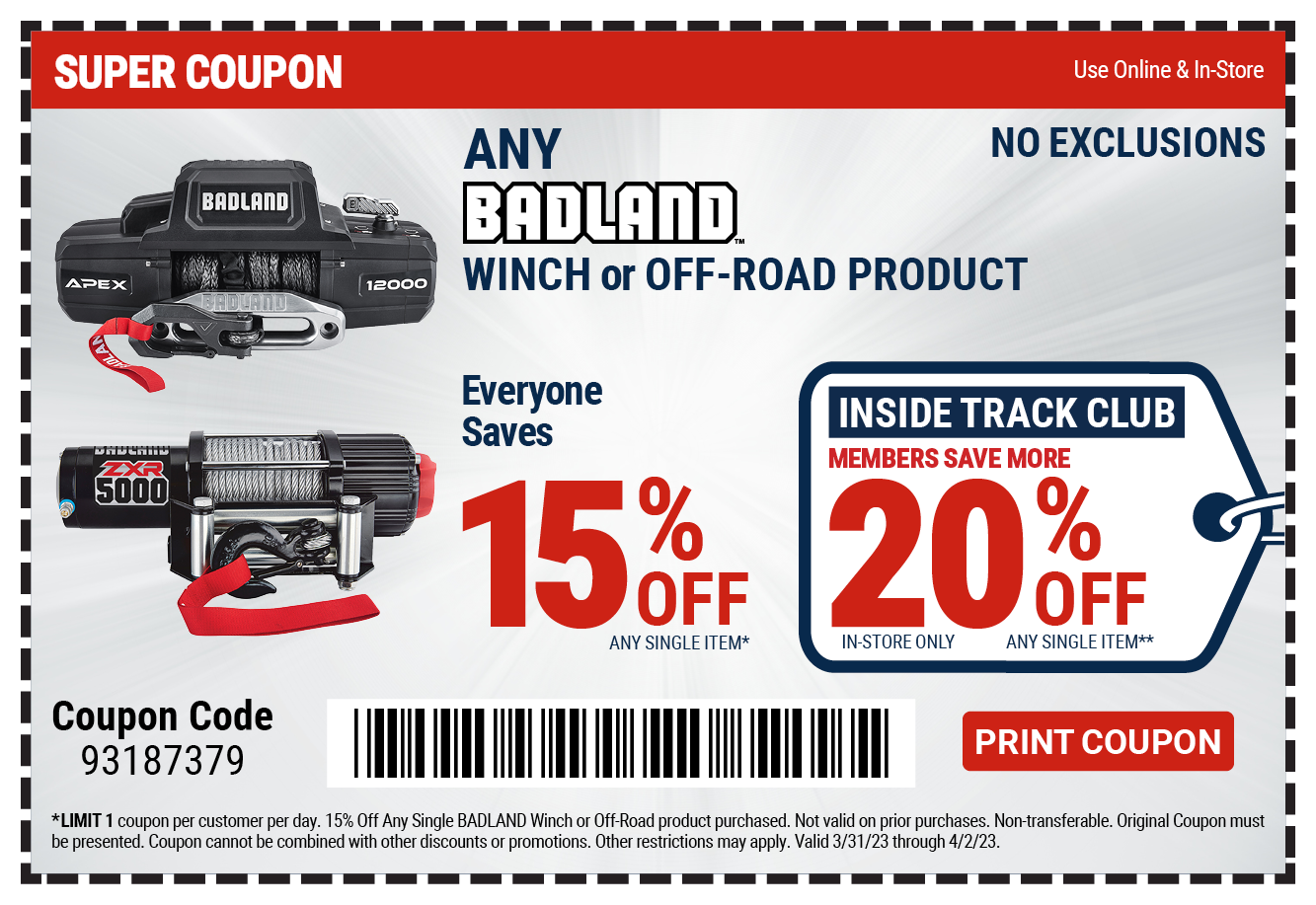 15% off Any Badland Winch or Offroad Product