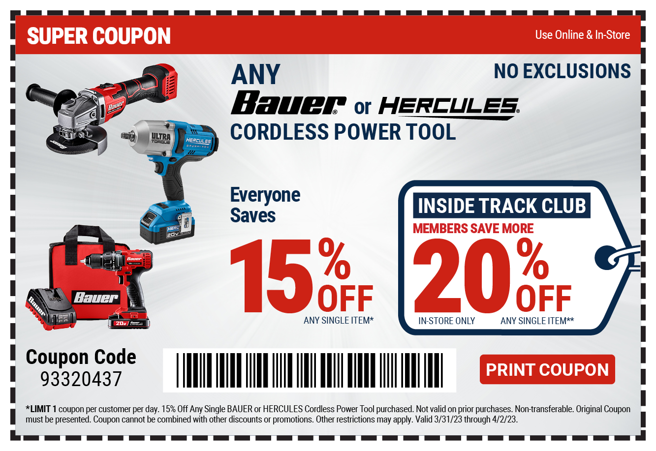 15% Off Any Bauer or Hercules Cordless Power Tool