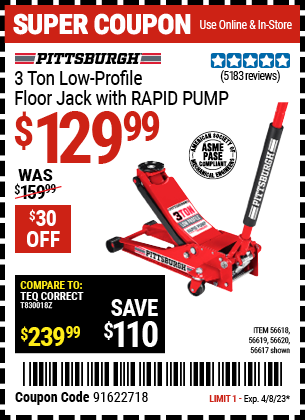 Buy the PITTSBURGH AUTOMOTIVE 3 Ton Low Profile Steel Heavy Duty Floor Jack With Rapid Pump (Item 56617/56618/56619/56620) for $129.99, valid through 4/8/2023.