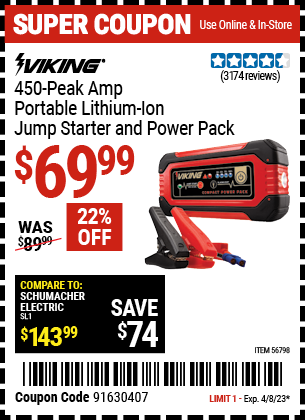Buy the VIKING Lithium Ion Jump Starter and Power Pack, valid through 4/8/23.