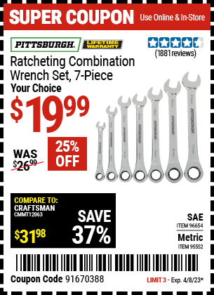 Buy the PITTSBURGH Metric Combination Ratcheting Wrench Set 7 Pc., valid through 4/8/23.