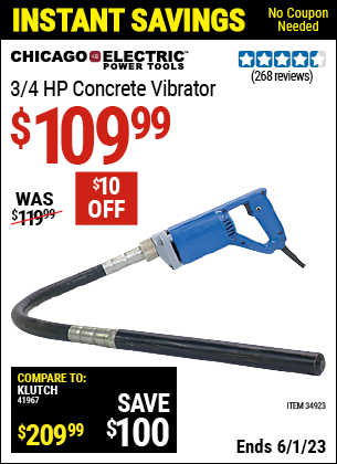 Buy the CHICAGO ELECTRIC 3/4 HP Concrete Vibrator (Item 34923) for $109.99, valid through 6/1/2023.