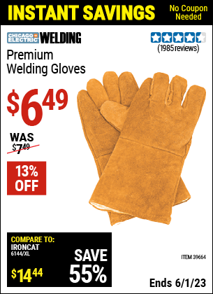 Buy the CHICAGO ELECTRIC Premium Welding Gloves (Item 39664) for $6.49, valid through 6/1/2023.